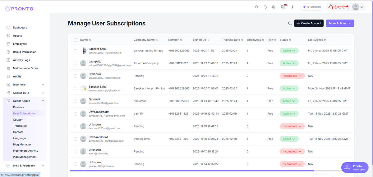 User Subscription Page