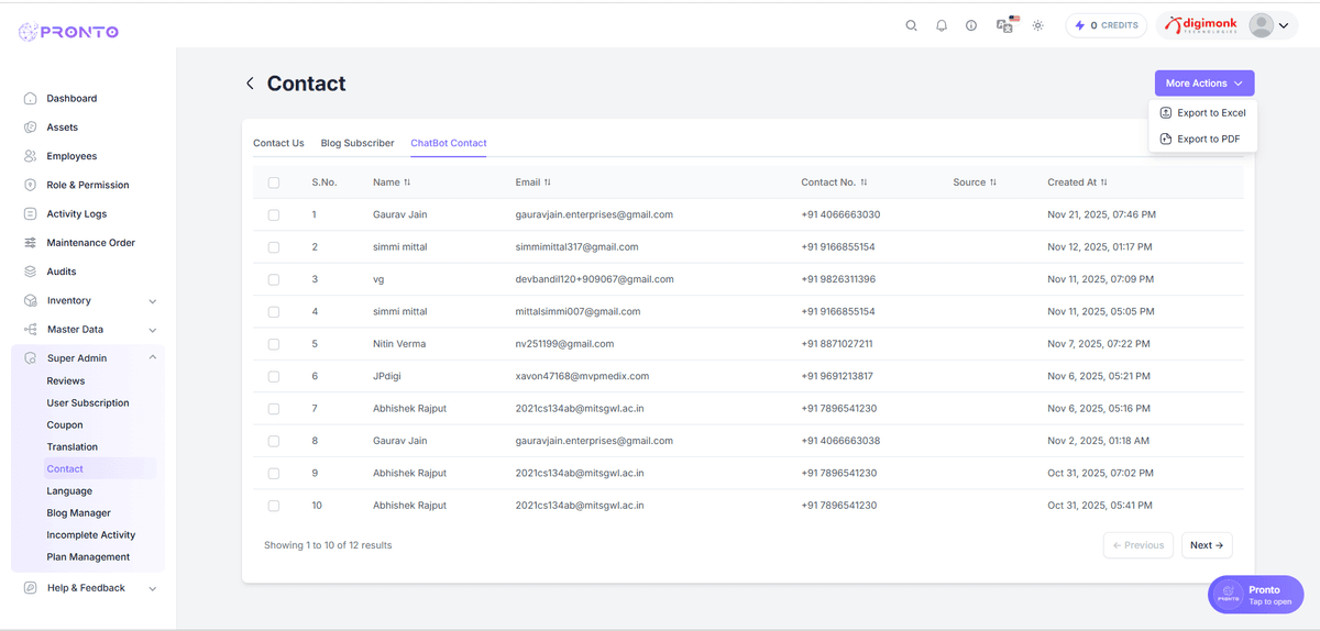 More Actions Menu