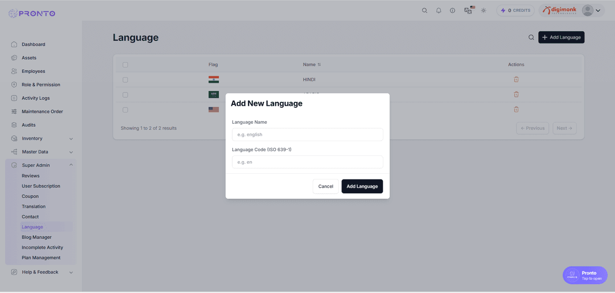Add Language Modal