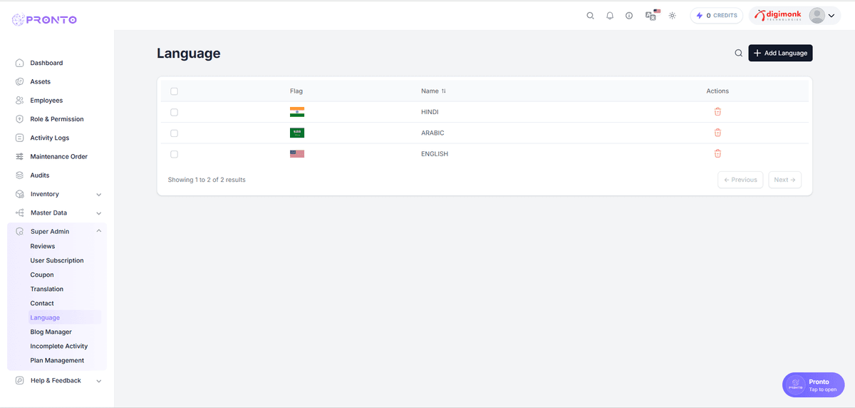 Language List Page
