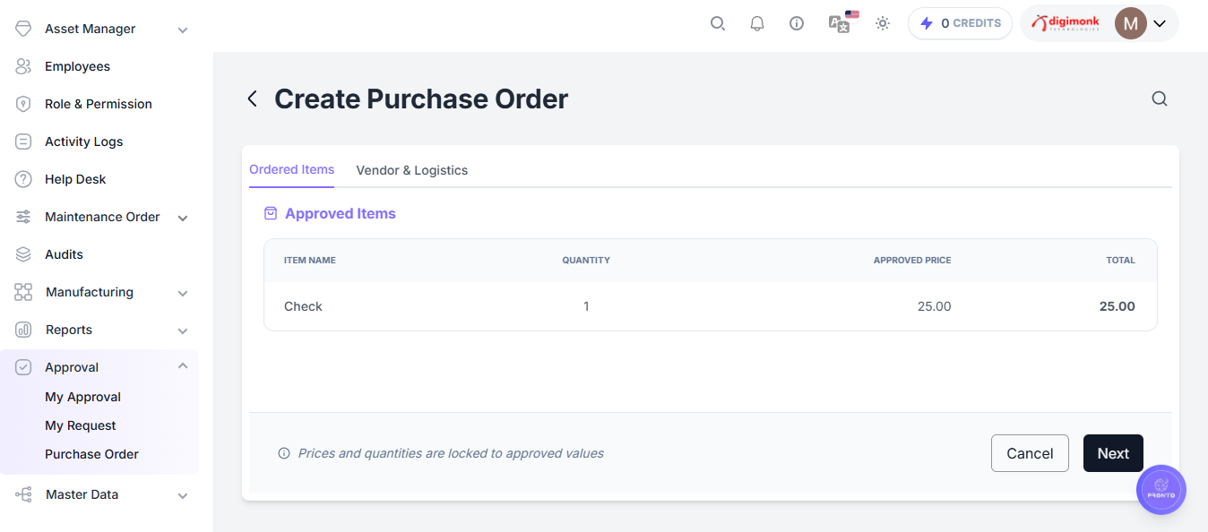 Create Purchase Order - Ordered Items